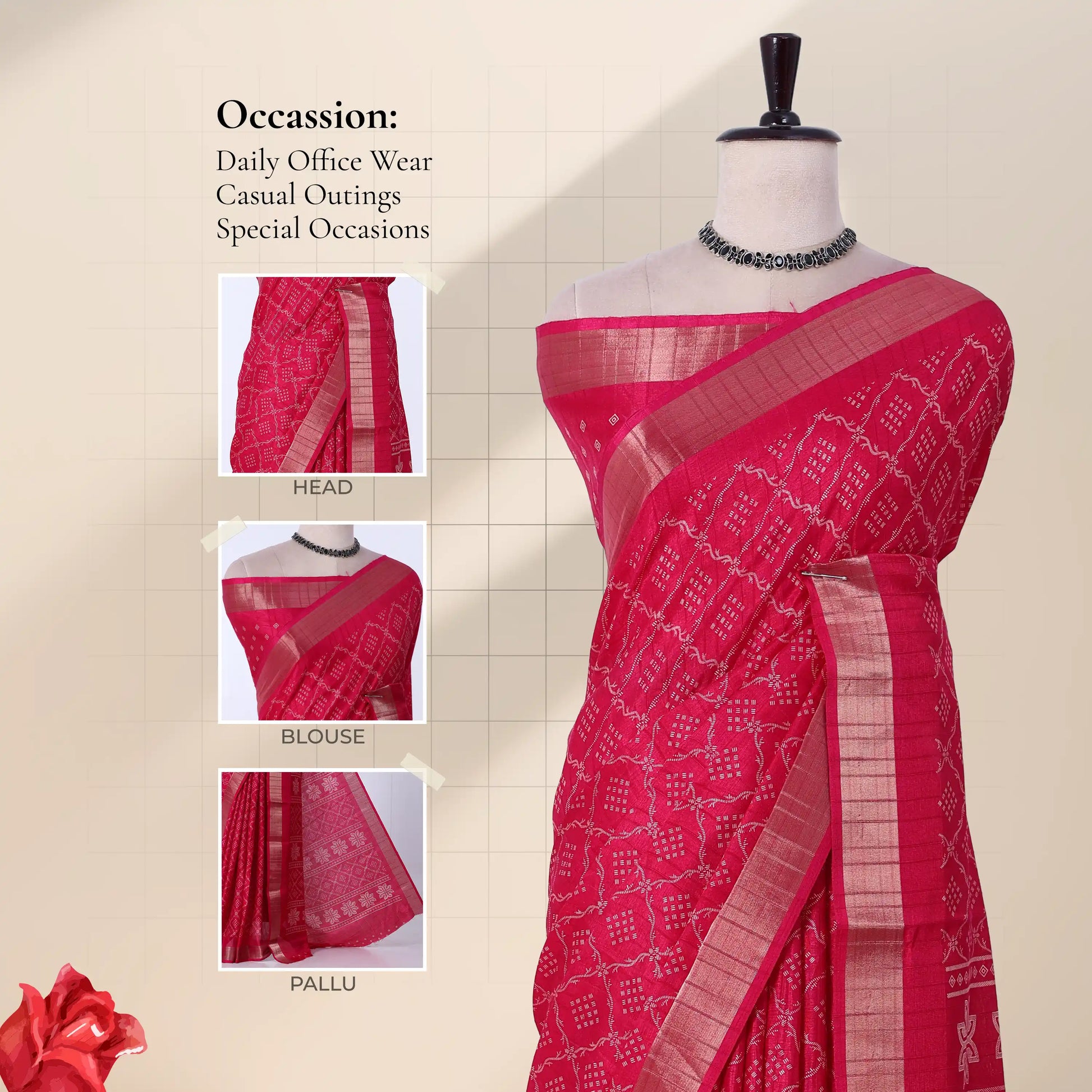Pink Dola silk saree with geometric lattice print and zari woven border front view on mannequin with pallu.