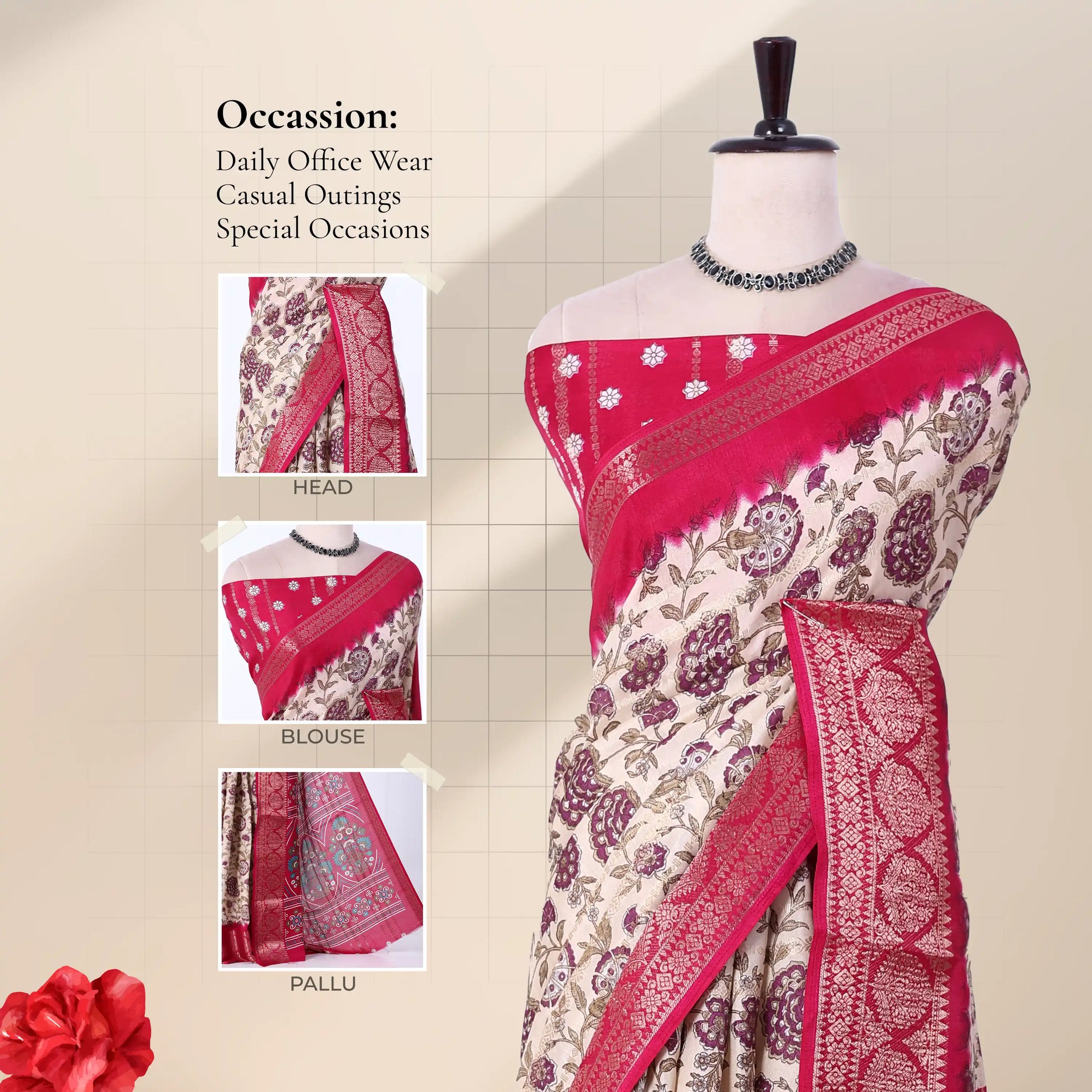Front view of cream and pink Dola saree with floral print zari woven border and decorative pallu displayed on mannequin.