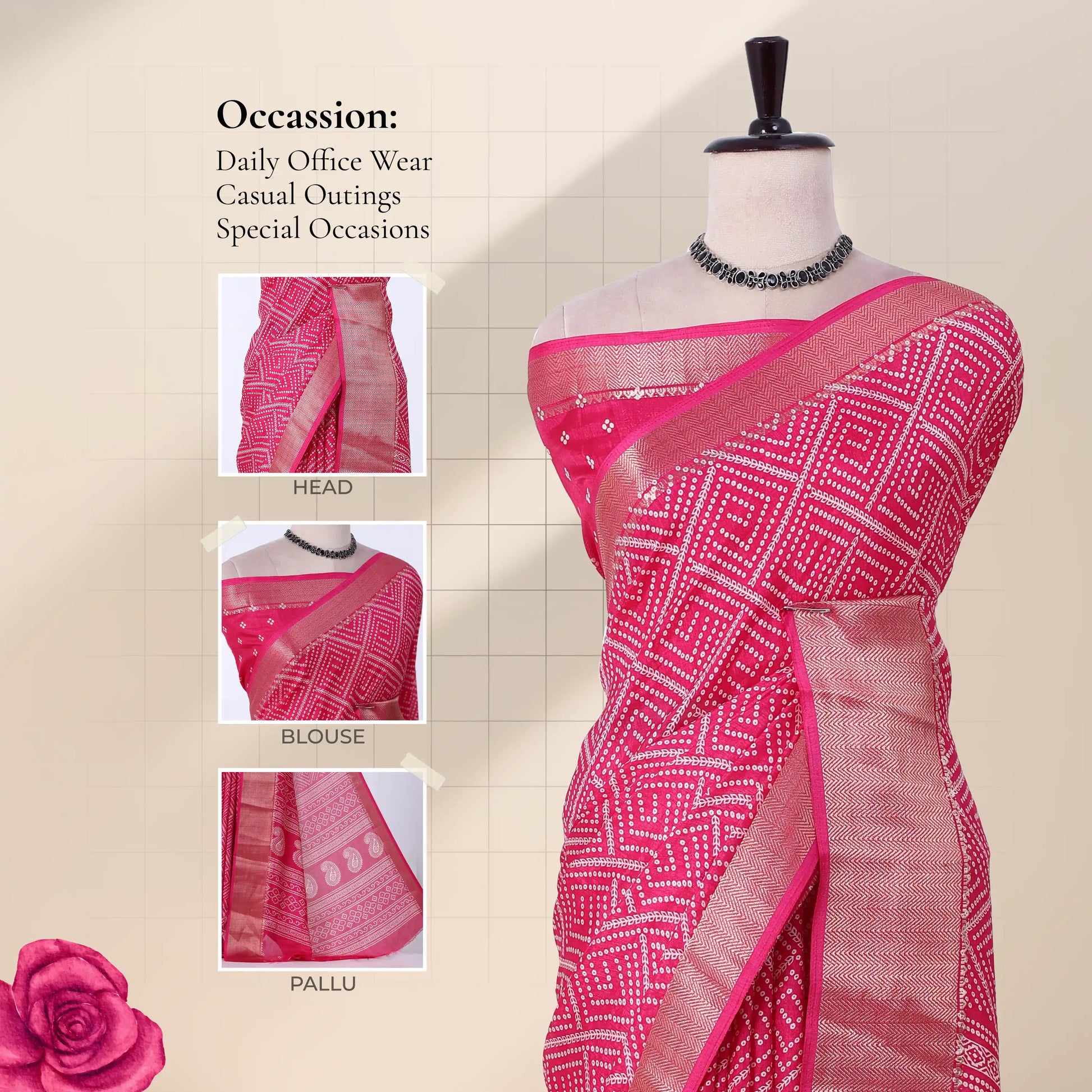 Front view of pink Dola saree with geometric Bandhani print zari woven border and decorative pallu on mannequin