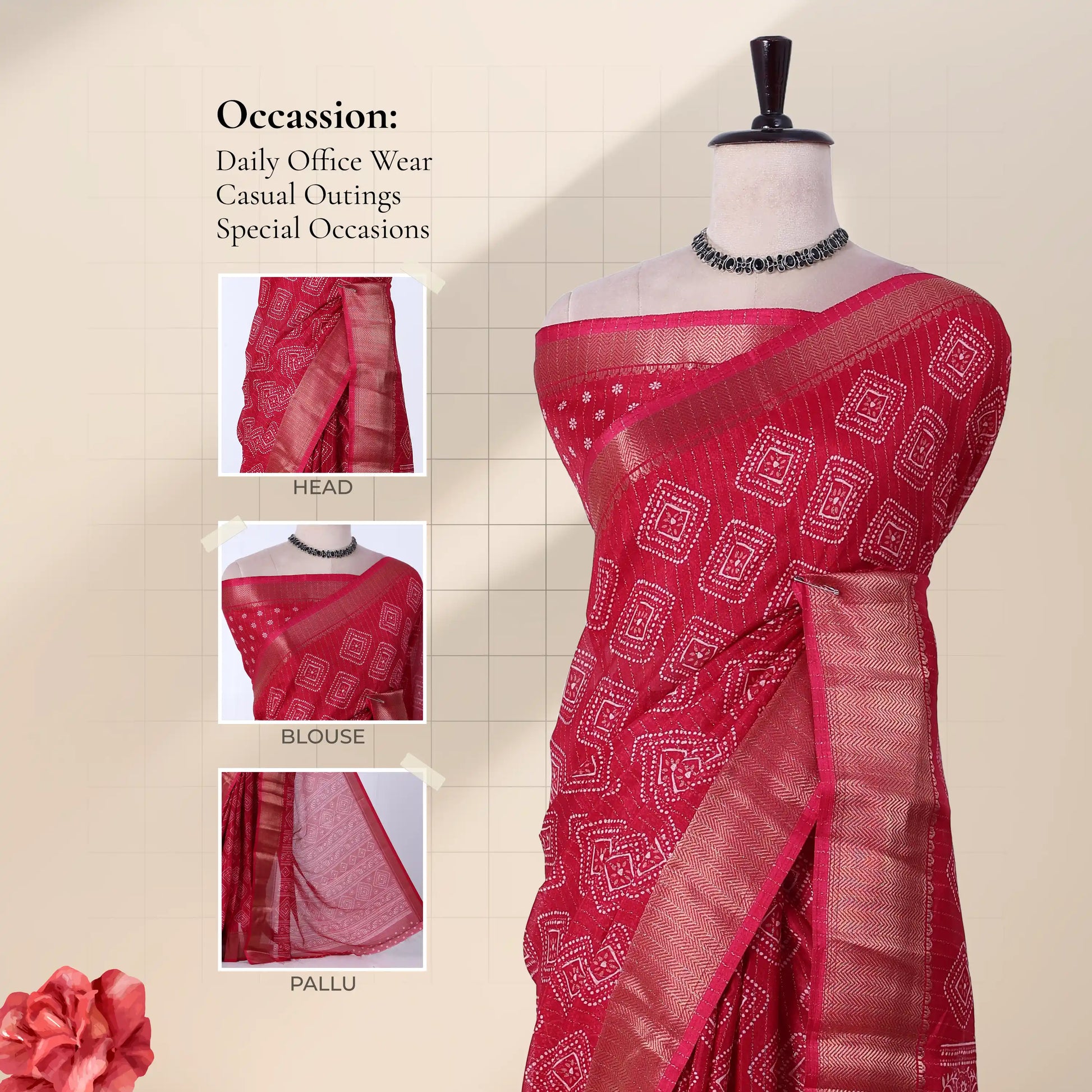 Front view of pink Dola saree with geometric Bandhani print, zari woven border and decorative pallu on mannequin.