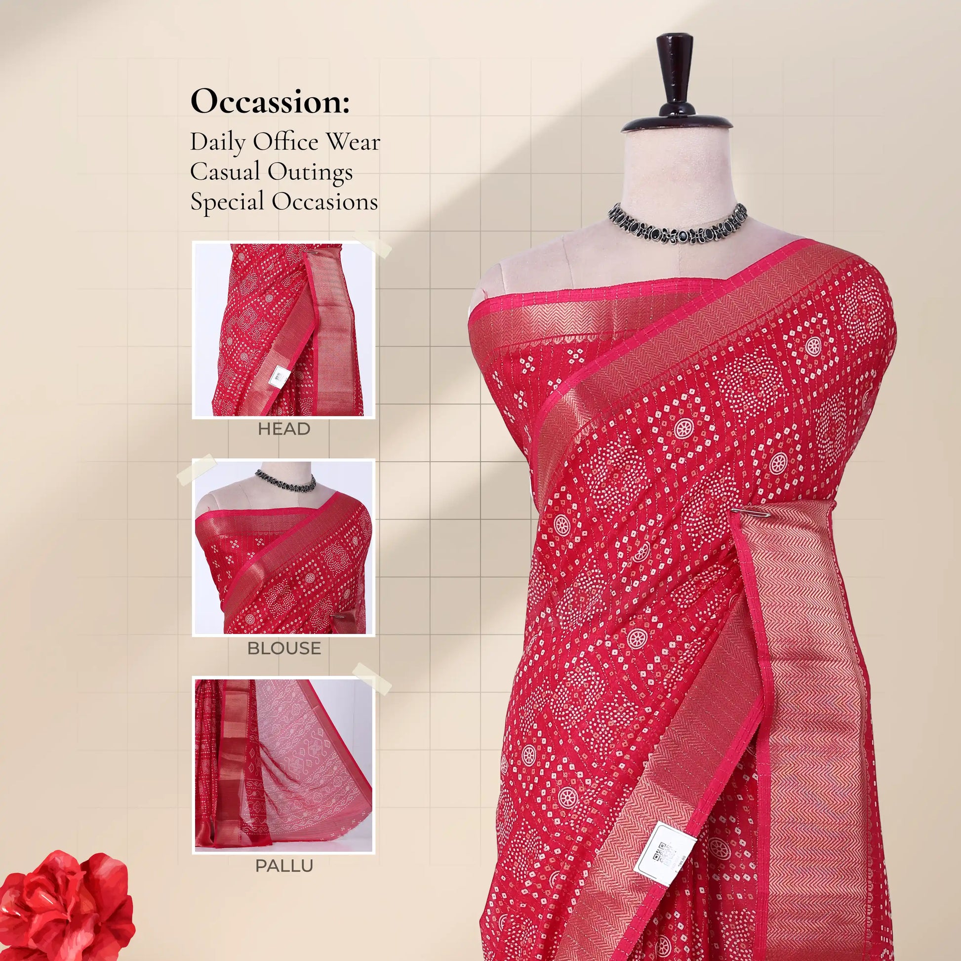 Front view of pink Dola saree with Bandhani inspired print zari woven border and decorative pallu on mannequin.