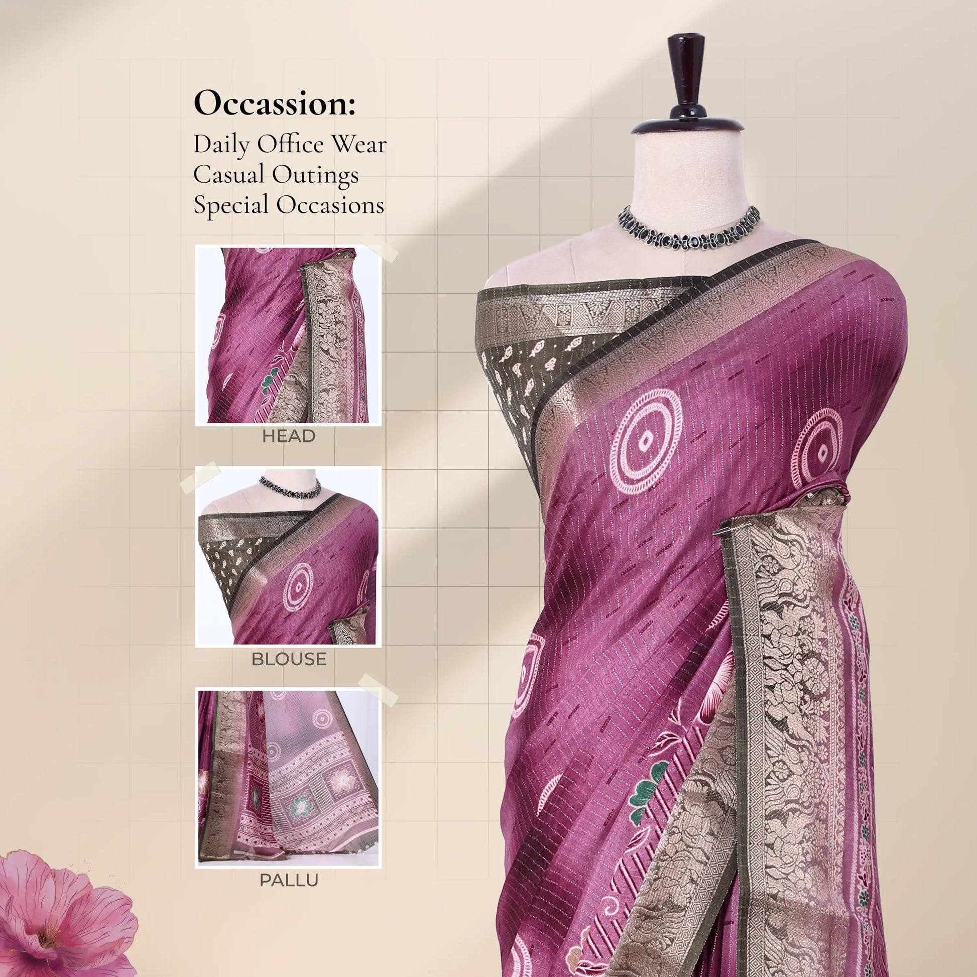 Purple Dola silk saree with circular motifs and green woven border front view on mannequin with ornate pallu.