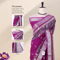 Purple Dola silk saree with floral woven border and decorative pallu front view on mannequin with blouse display.