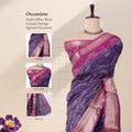 Purple Dola silk saree with bandhani print and contrast zari woven border front view on mannequin with detailed pallu.
