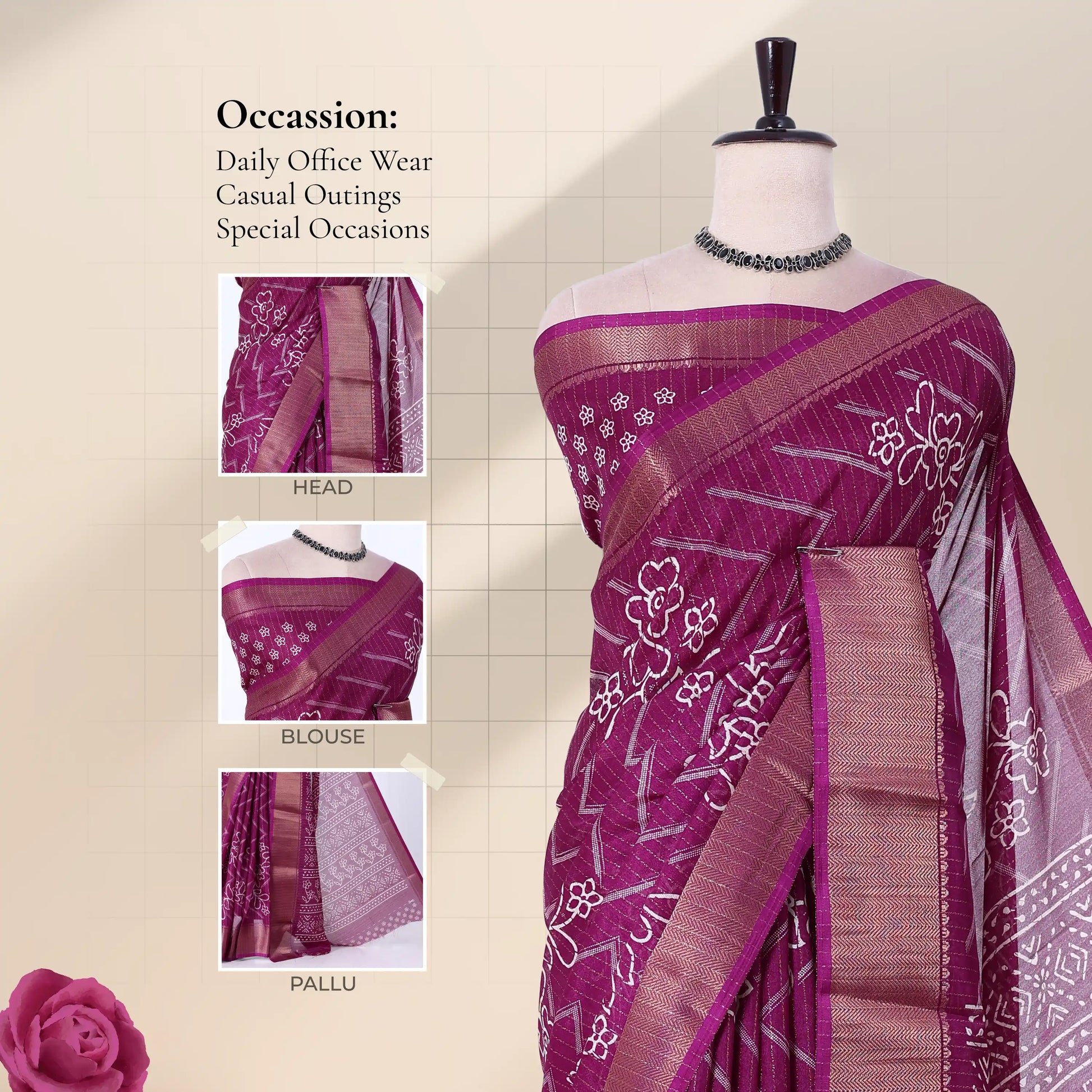 Front view of purple Dola saree with floral print woven contrast border and pallu styled on mannequin for display.