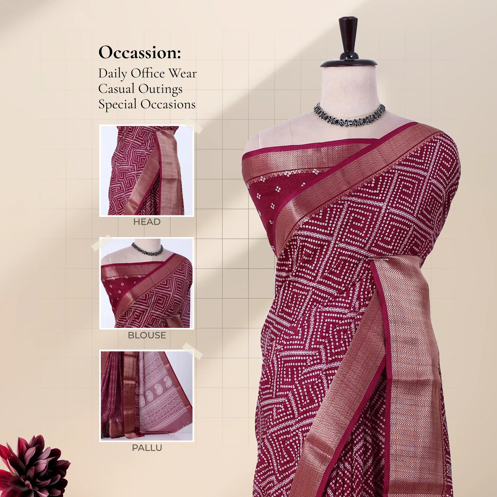 Front view of purple Dola saree with geometric Bandhani print zari woven border and decorative pallu on mannequin