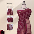 Front view of purple Dola saree with geometric Bandhani print, zari woven border and decorative pallu on mannequin.