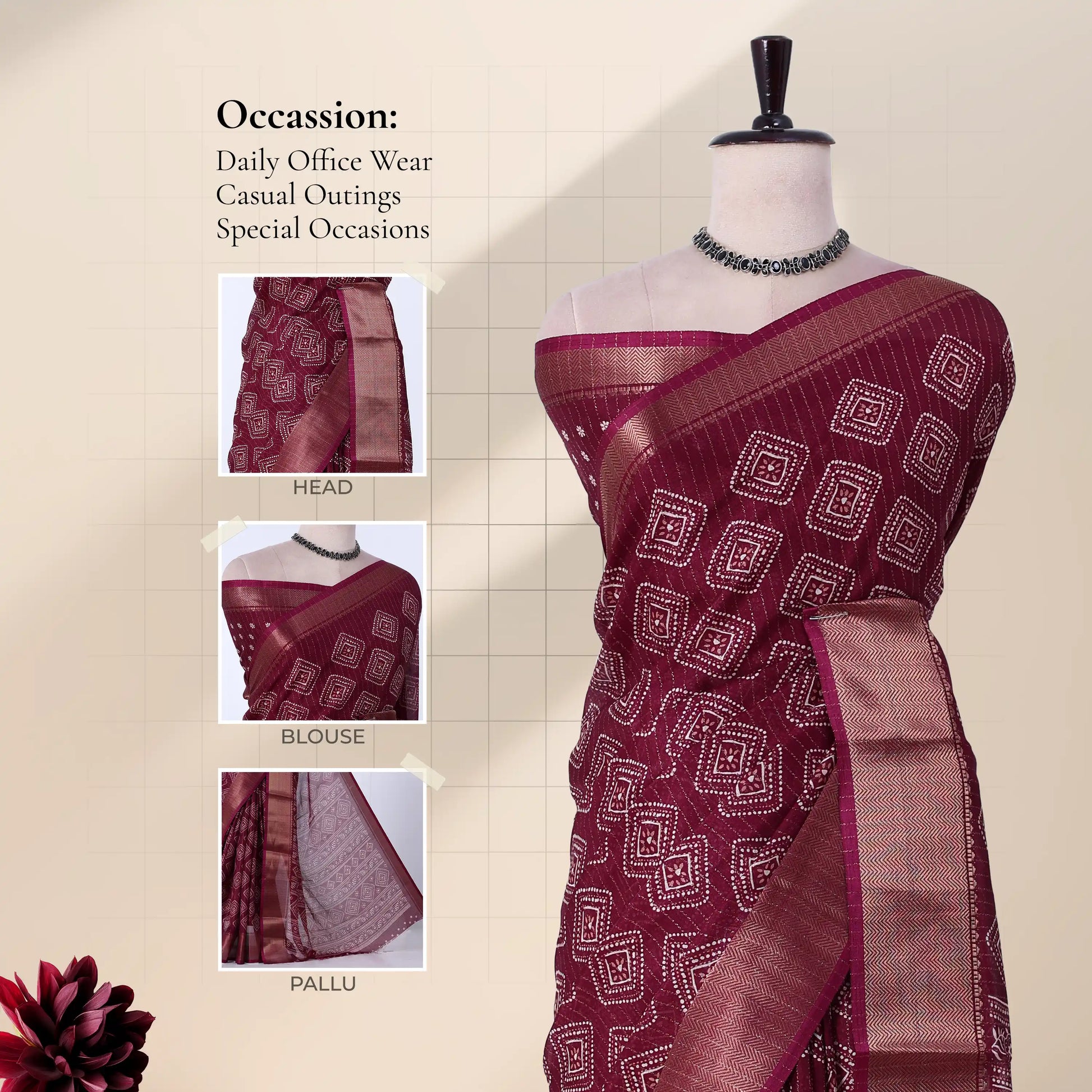 Front view of purple Dola saree with geometric Bandhani print, zari woven border and decorative pallu on mannequin.