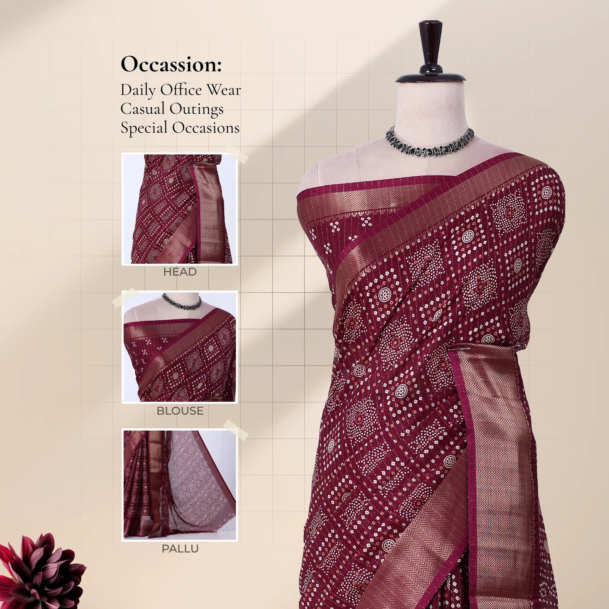 Front view of purple Dola saree with Bandhani inspired print zari woven border and decorative pallu on mannequin.