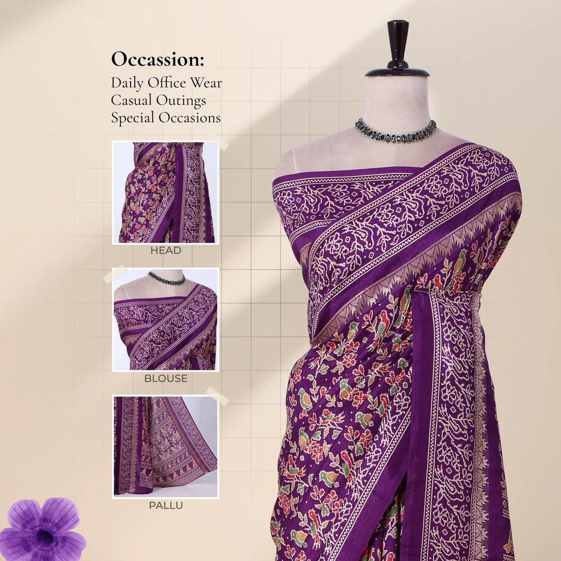 Purple Dola Silk Sarees for Women | Office Wear Casual Outings & Special Occasions | Jeyachandran - Full View