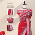 Red Dola silk saree with floral woven border and decorative pallu front view on mannequin with blouse display.