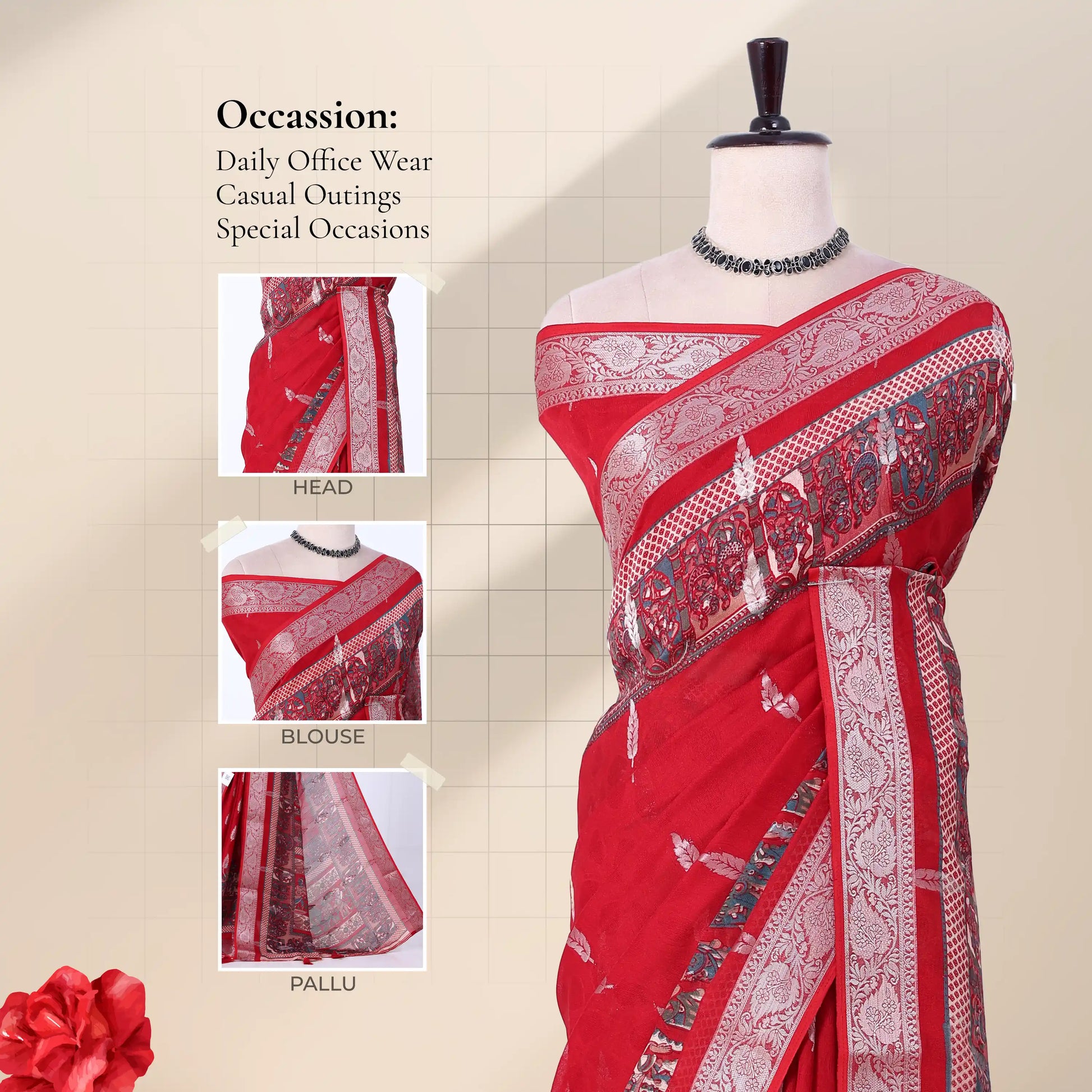 Red Dola silk saree with floral woven border and decorative pallu front view on mannequin with blouse display.