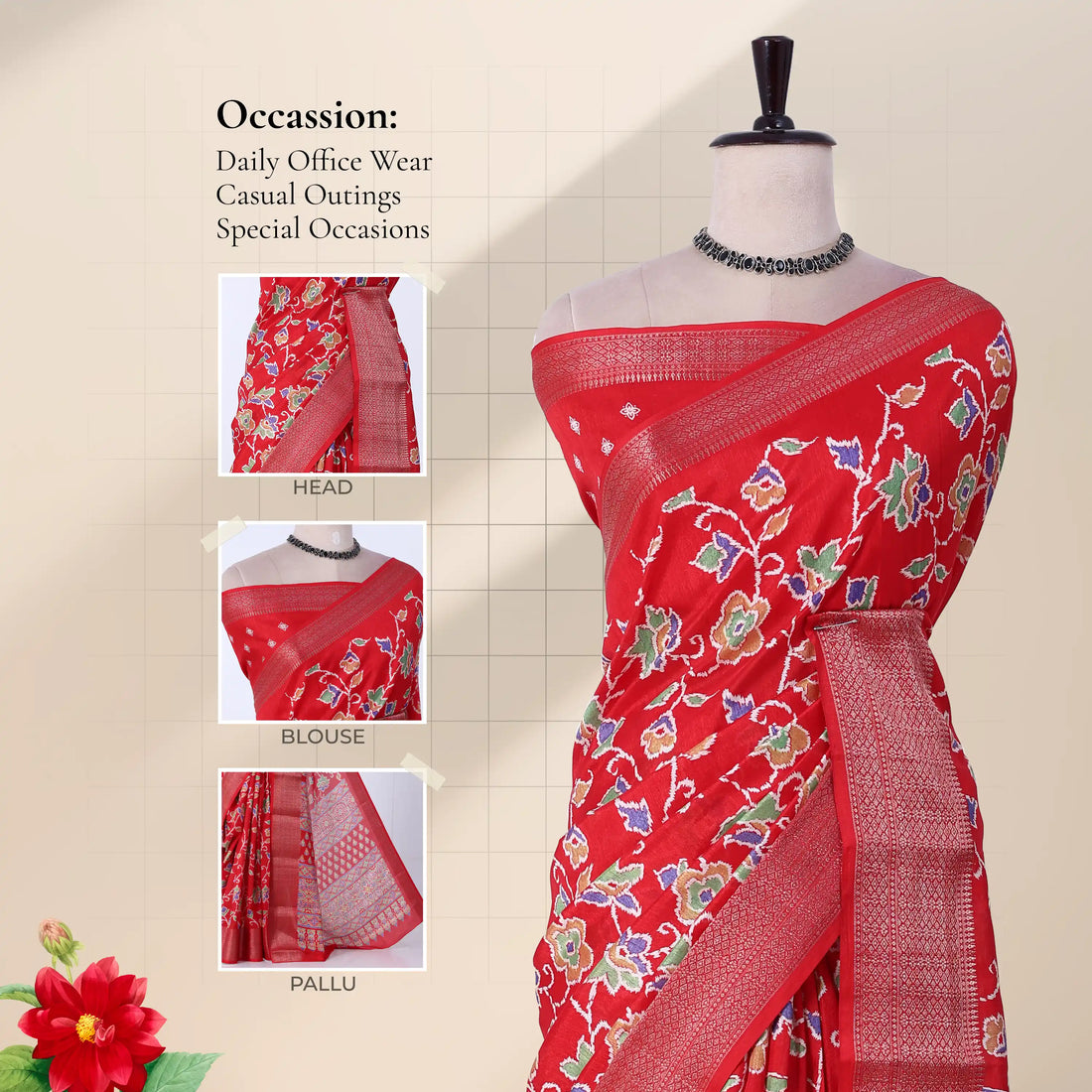 Red Dola Silk Sarees for Women | Office Wear Casual Outings & Special Occasions | Jeyachandran - Full View