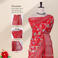 Red Dola silk saree with floral vine print and zari woven border front view on mannequin with pallu.