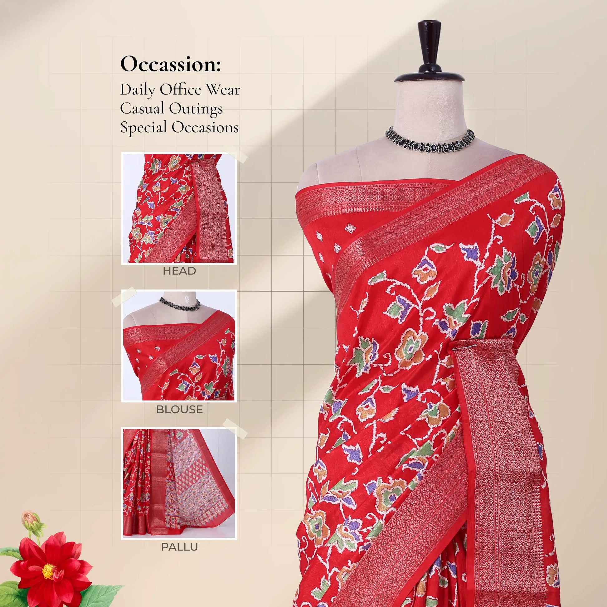 Red Dola silk saree with floral vine print and zari woven border front view on mannequin with pallu.