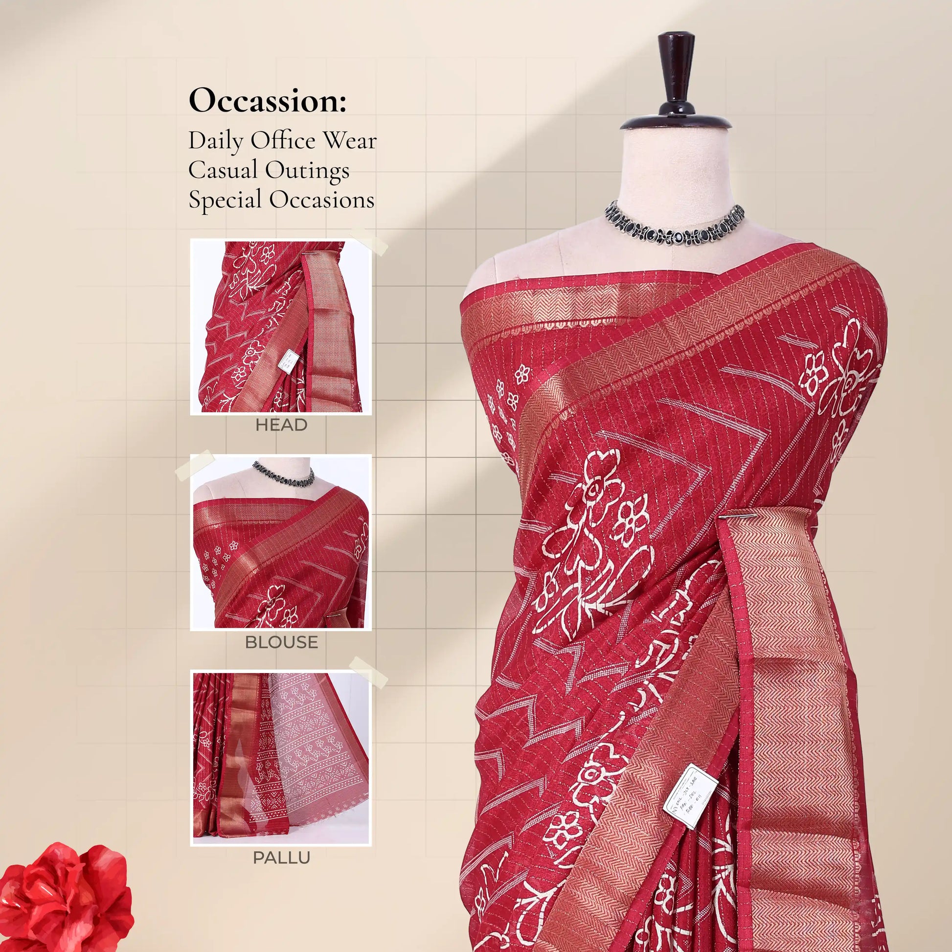 Front view of red Dola saree with floral print woven contrast border and pallu styled on mannequin for display.