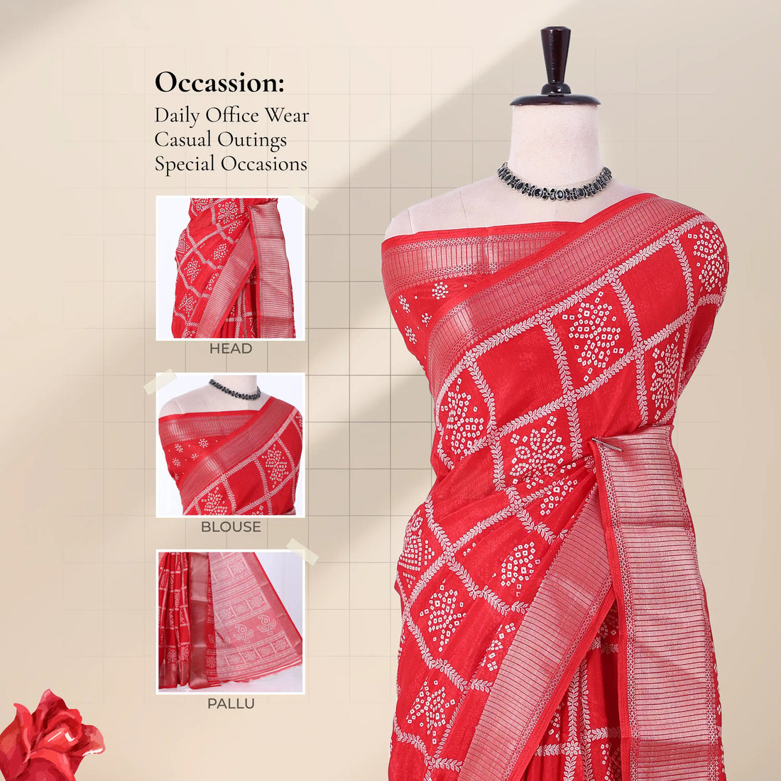 Red Dola Silk Sarees for Women | Office Wear Casual Outings & Special Occasions | Jeyachandran - Full View