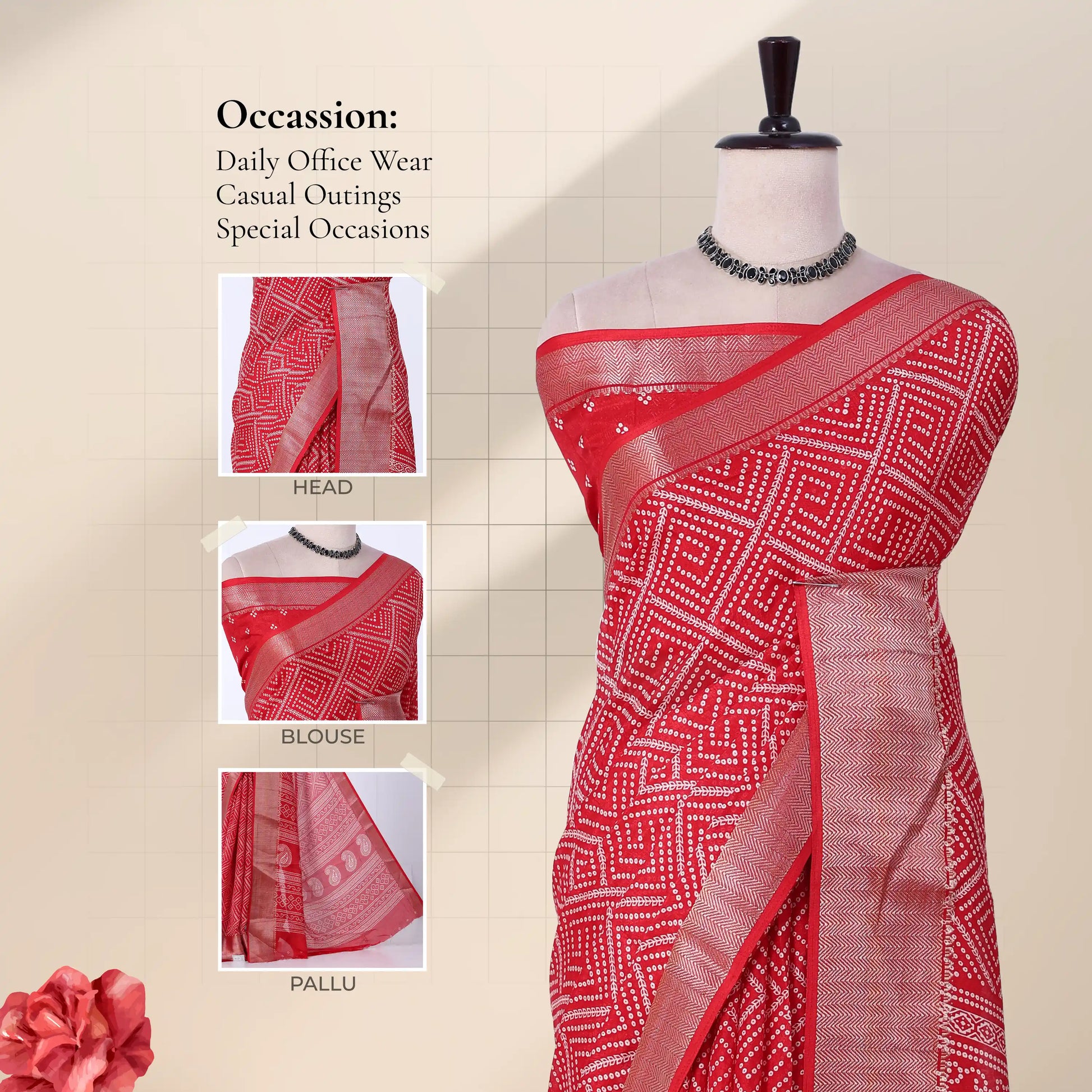 Front view of red Dola saree with geometric Bandhani print zari woven border and decorative pallu on mannequin