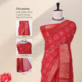 Front view of red Dola saree with Bandhani inspired print zari woven border and decorative pallu on mannequin.