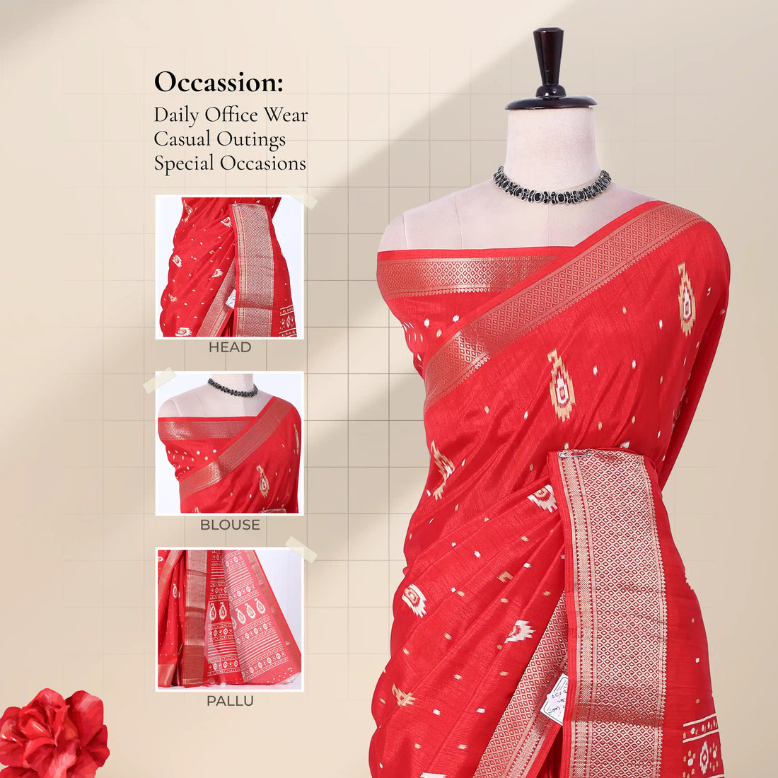 Red Dola Silk Sarees for Women | Office Wear Casual Outings & Special Occasions | Jeyachandran - Full View