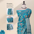 Teal Dola silk saree with floral vine print and zari woven border front view on mannequin with pallu.