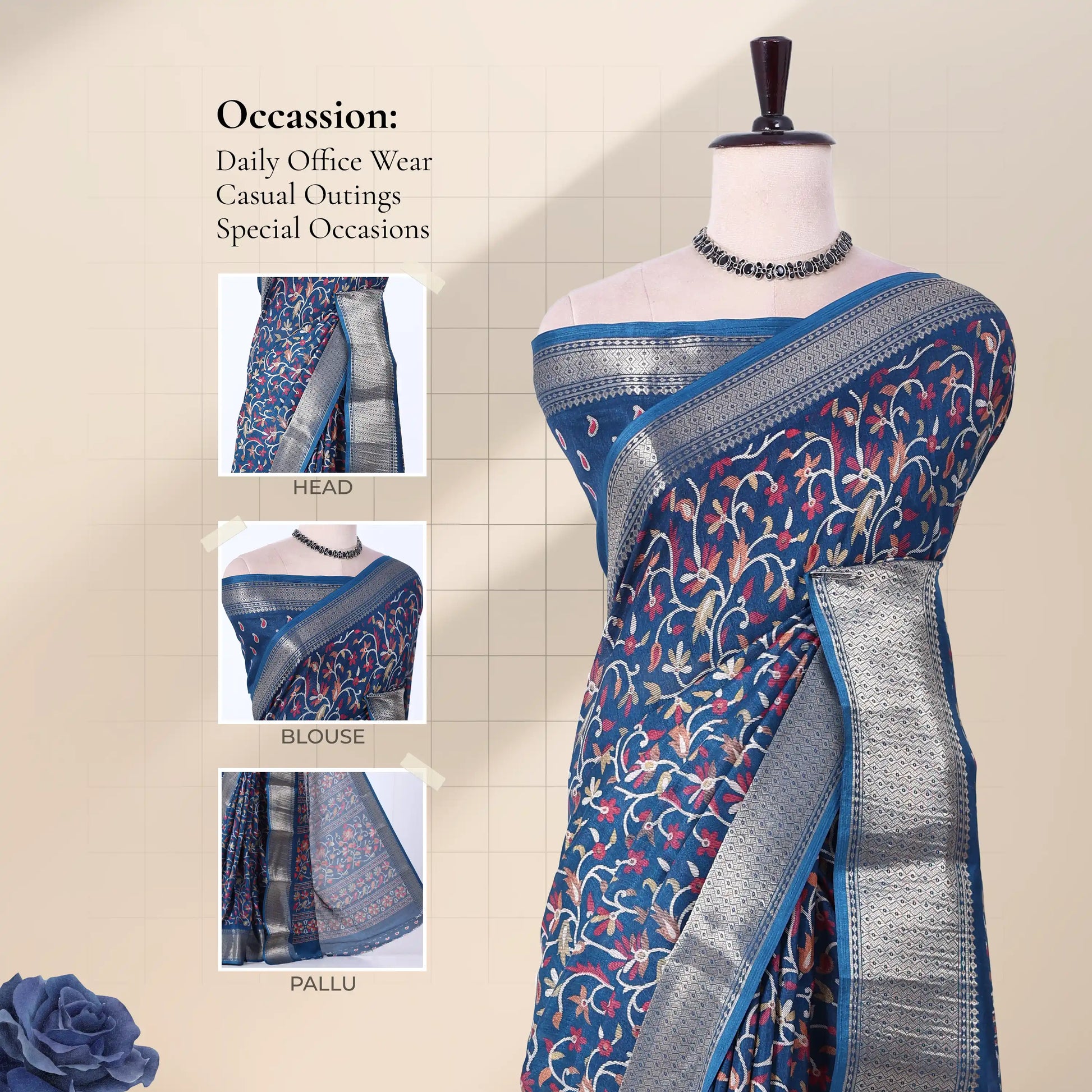 Front view of teal Dola saree with floral vine print silver zari woven border and decorative pallu on mannequin.