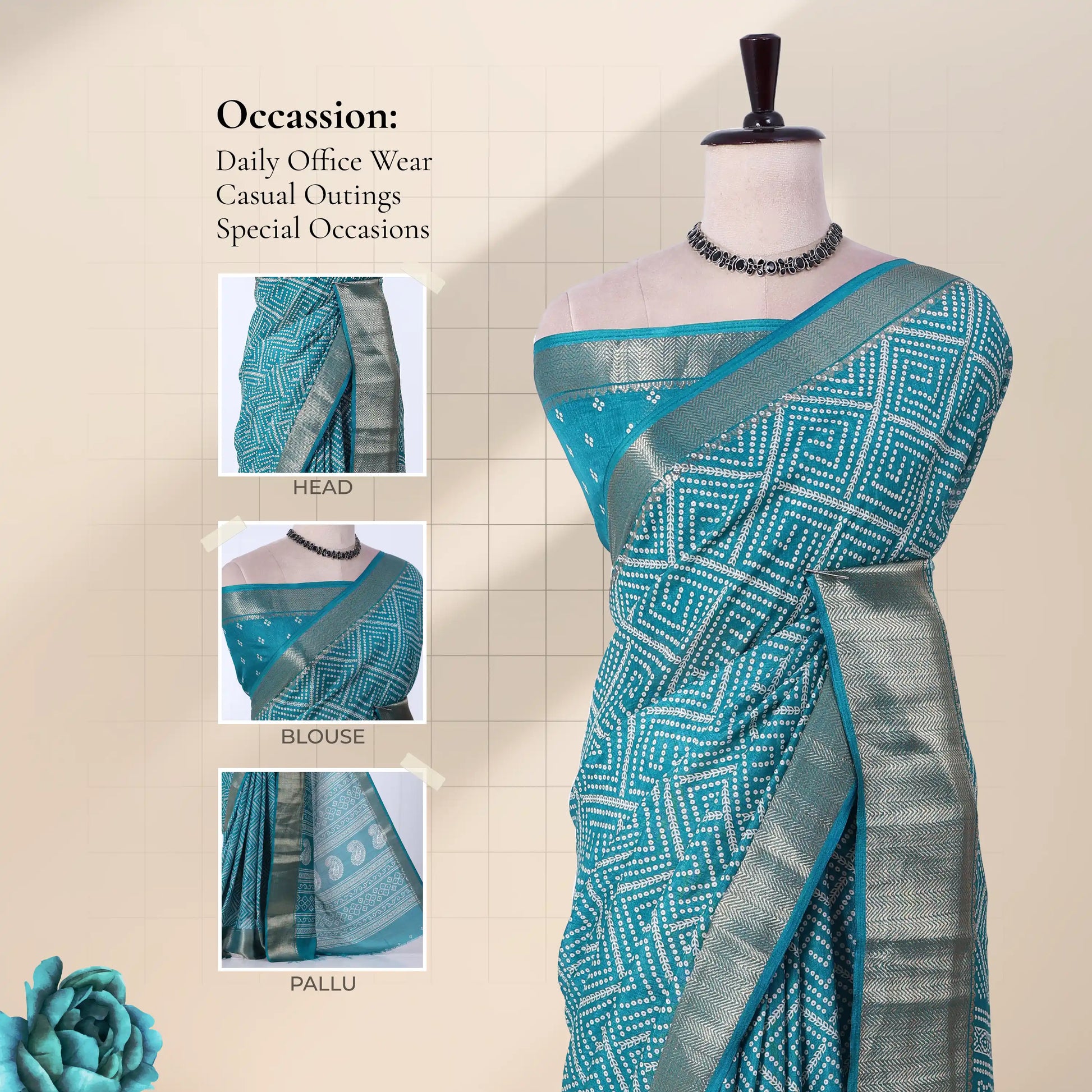 Front view of teal Dola saree with geometric Bandhani print zari woven border and decorative pallu on mannequin