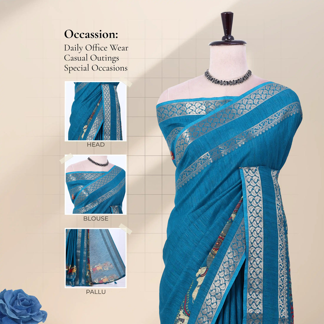 Teal Dola Silk Sarees for Women | Office Wear Casual Outings & Special Occasions | Jeyachandran - Full View