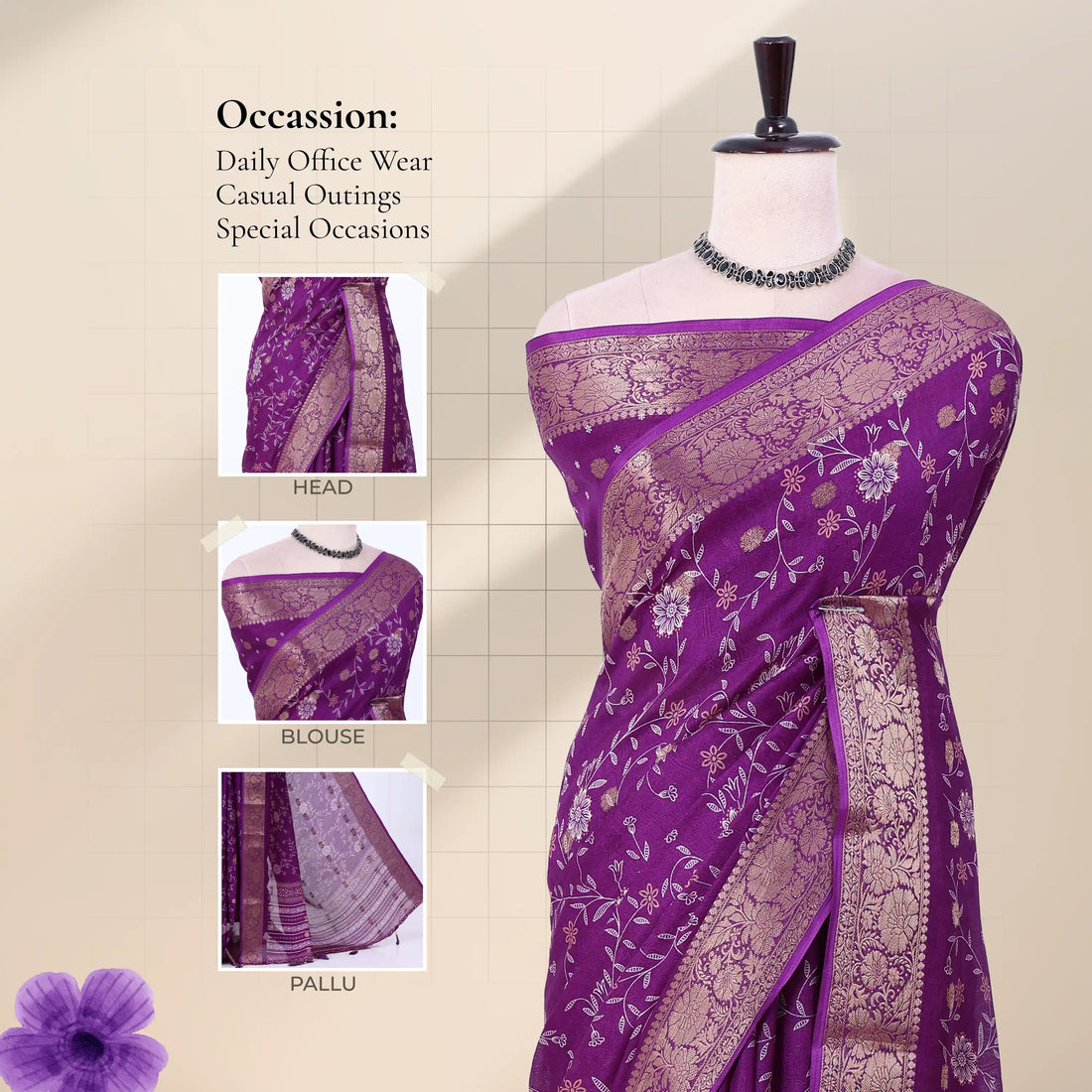 Purple Dola Silk Sarees for Women | Office Wear Casual Outings & Special Occasions | Jeyachandran - Full View