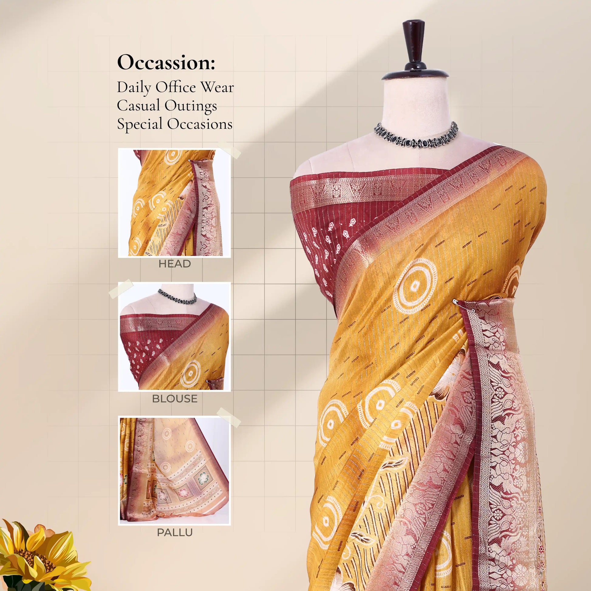 Yellow Dola silk saree with circular motifs and maroon woven border front view on mannequin with ornate pallu.