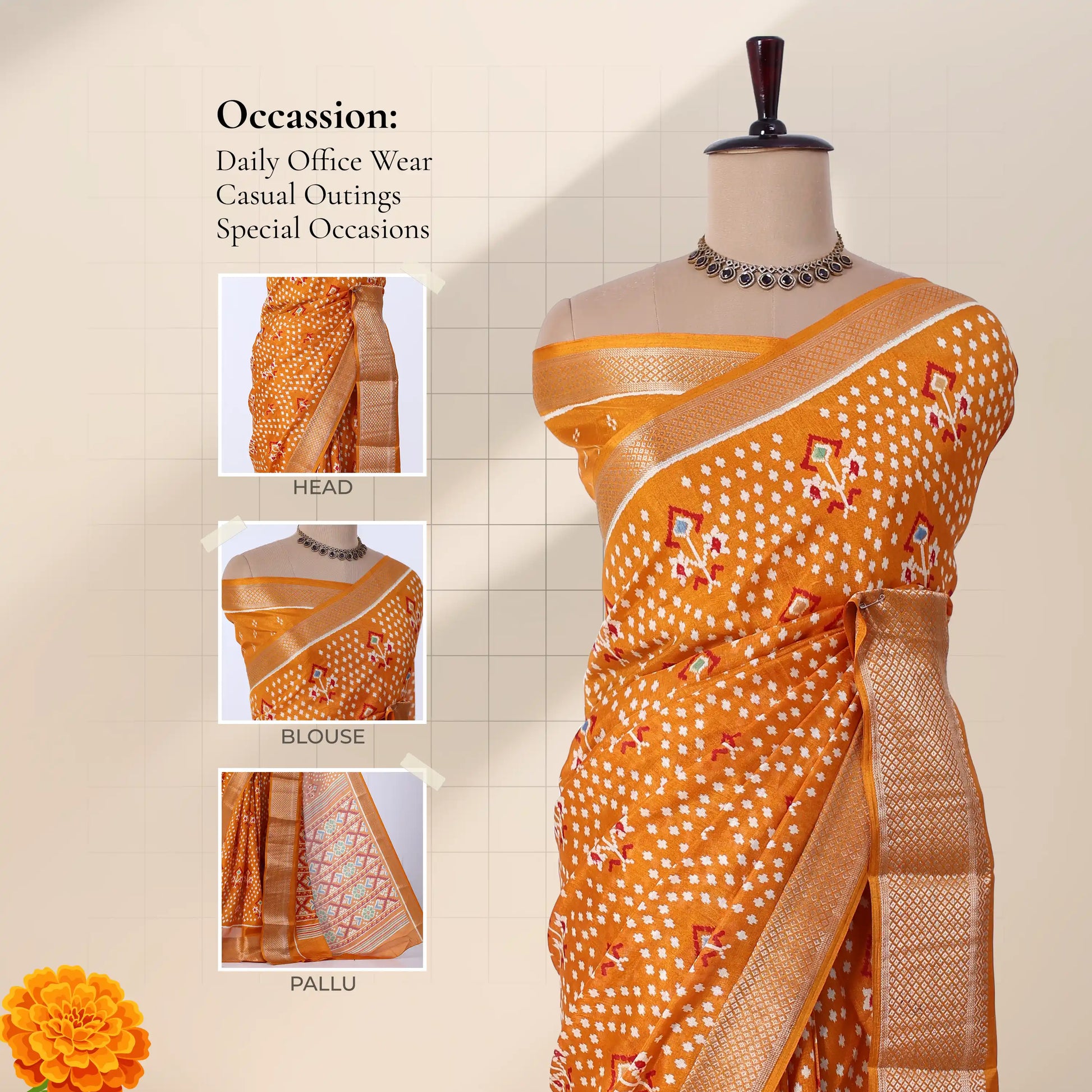 Yellow Dola silk saree with dotted floral motif print and zari woven border front view on mannequin with pallu.
