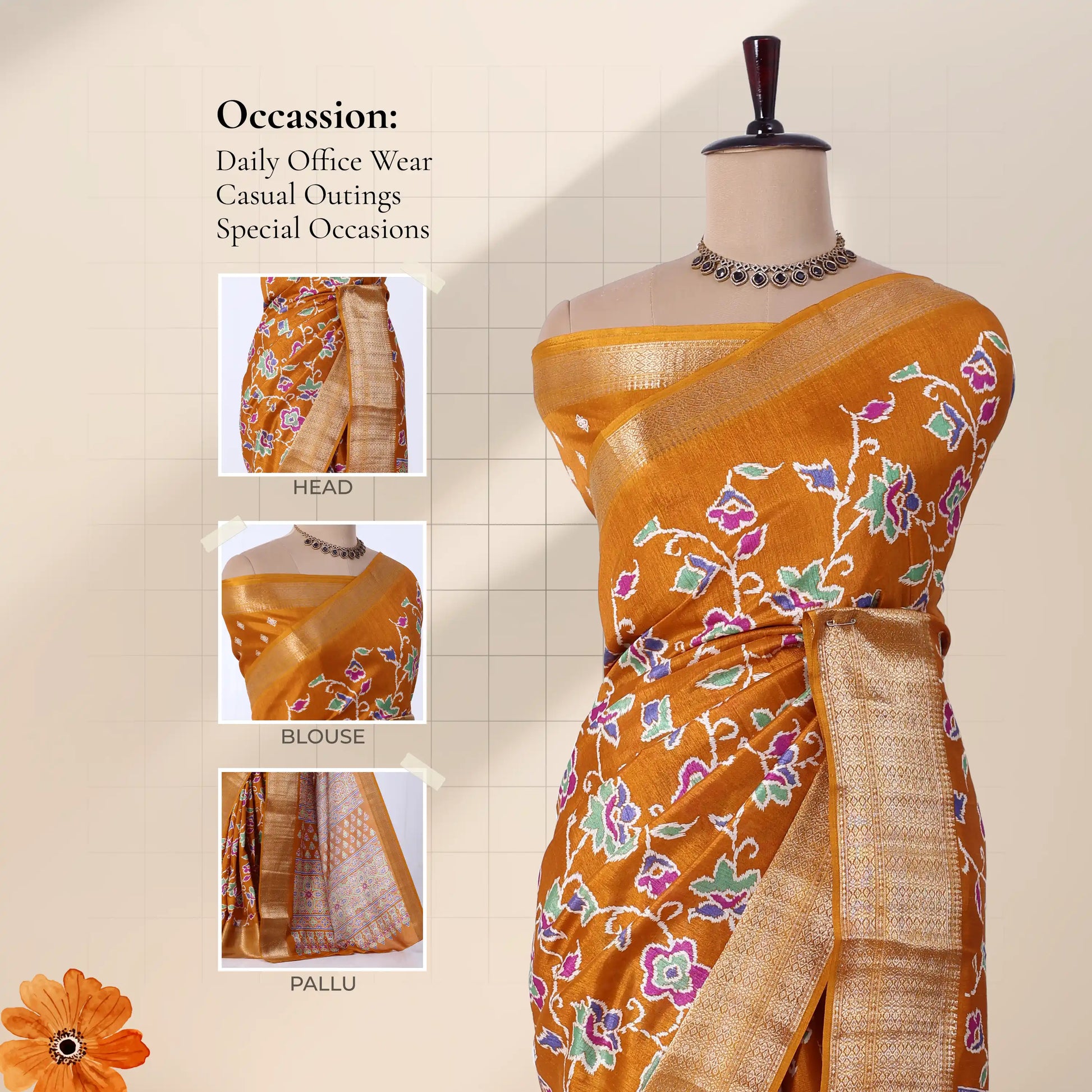 Yellow Dola silk saree with floral vine print and zari woven border front view on mannequin with pallu.