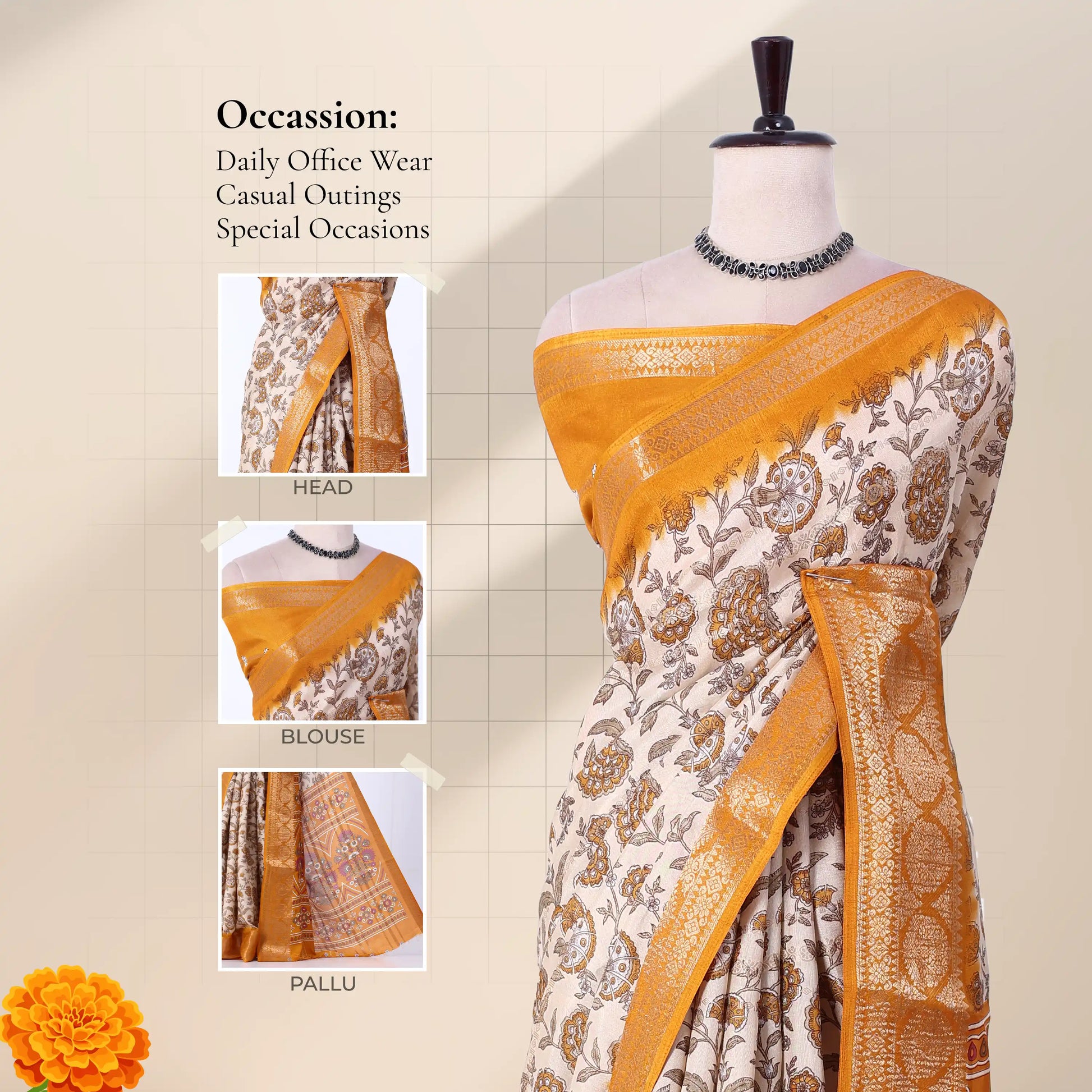 Front view of cream and yellow Dola saree with floral print zari woven border and decorative pallu displayed on mannequin.