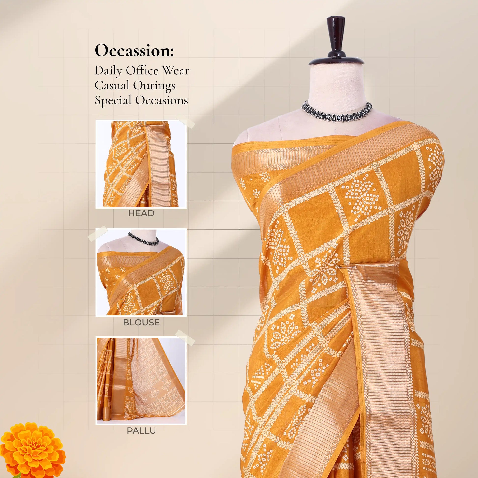 Front view of yellow Dola saree with checked floral print zari woven border and decorative pallu on mannequin.