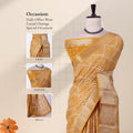 Front view of mustard yellow Dola saree with geometric Bandhani print zari woven border and decorative pallu on mannequin