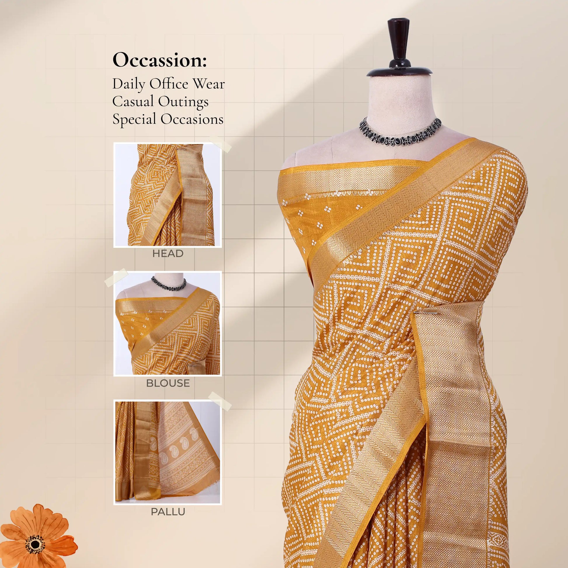 Front view of mustard yellow Dola saree with geometric Bandhani print zari woven border and decorative pallu on mannequin