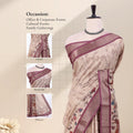 A beige and mauve printed saree with head, blouse, and pallu sections