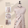 A beige striped saree with butterfly and floral prints with head, blouse, and pallu details.