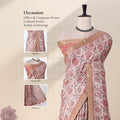 A floral printed saree with inset photos detail of head, blouse, and pallu details. 