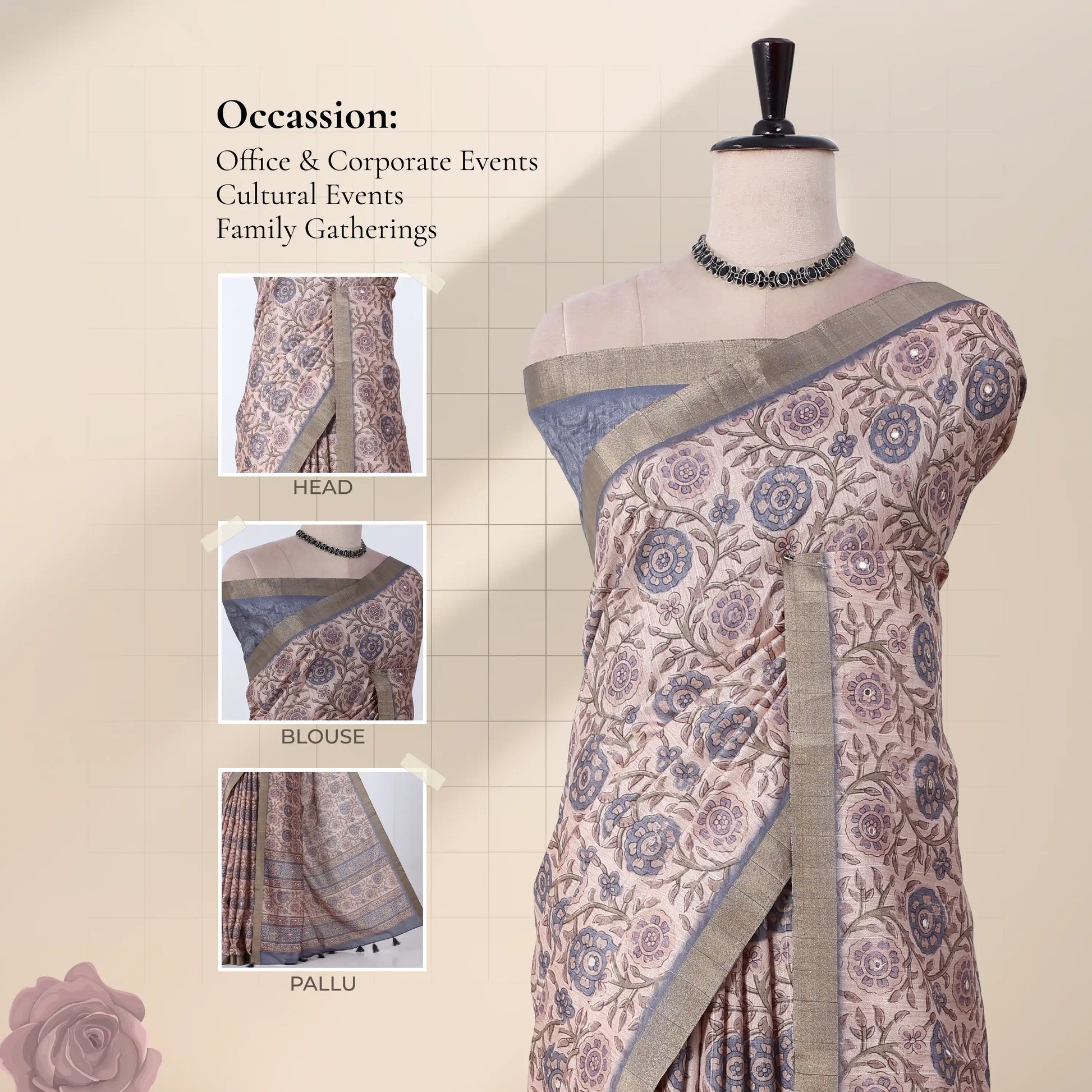 A floral printed saree with a matching blouse, with detail of  head, blouse, and pallu. 