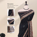 A deep black tusser saree with green and gold borders with detail of the head, blouse, pallu