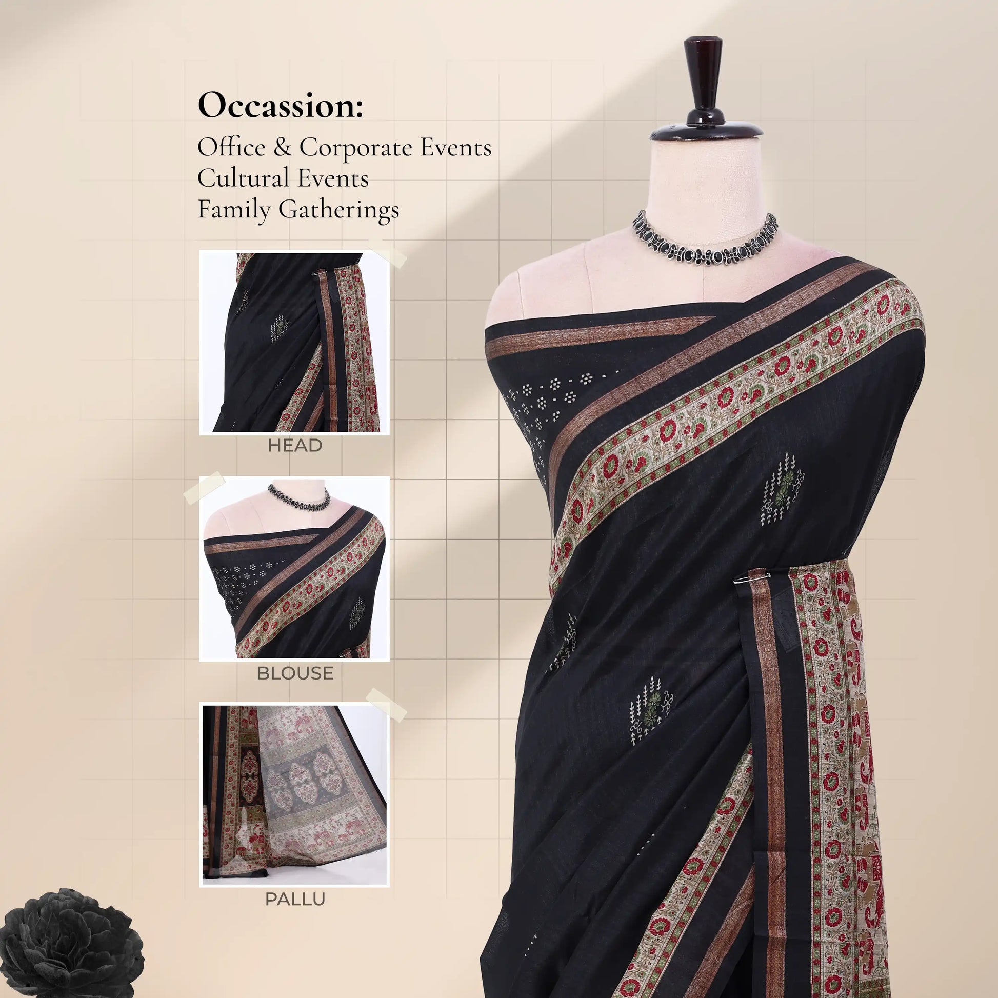 A deep black tusser saree with green and gold borders with detail of the head, blouse, pallu