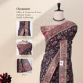 A purple and peach printed saree with inset views of blouse, head drape, and pallu. 