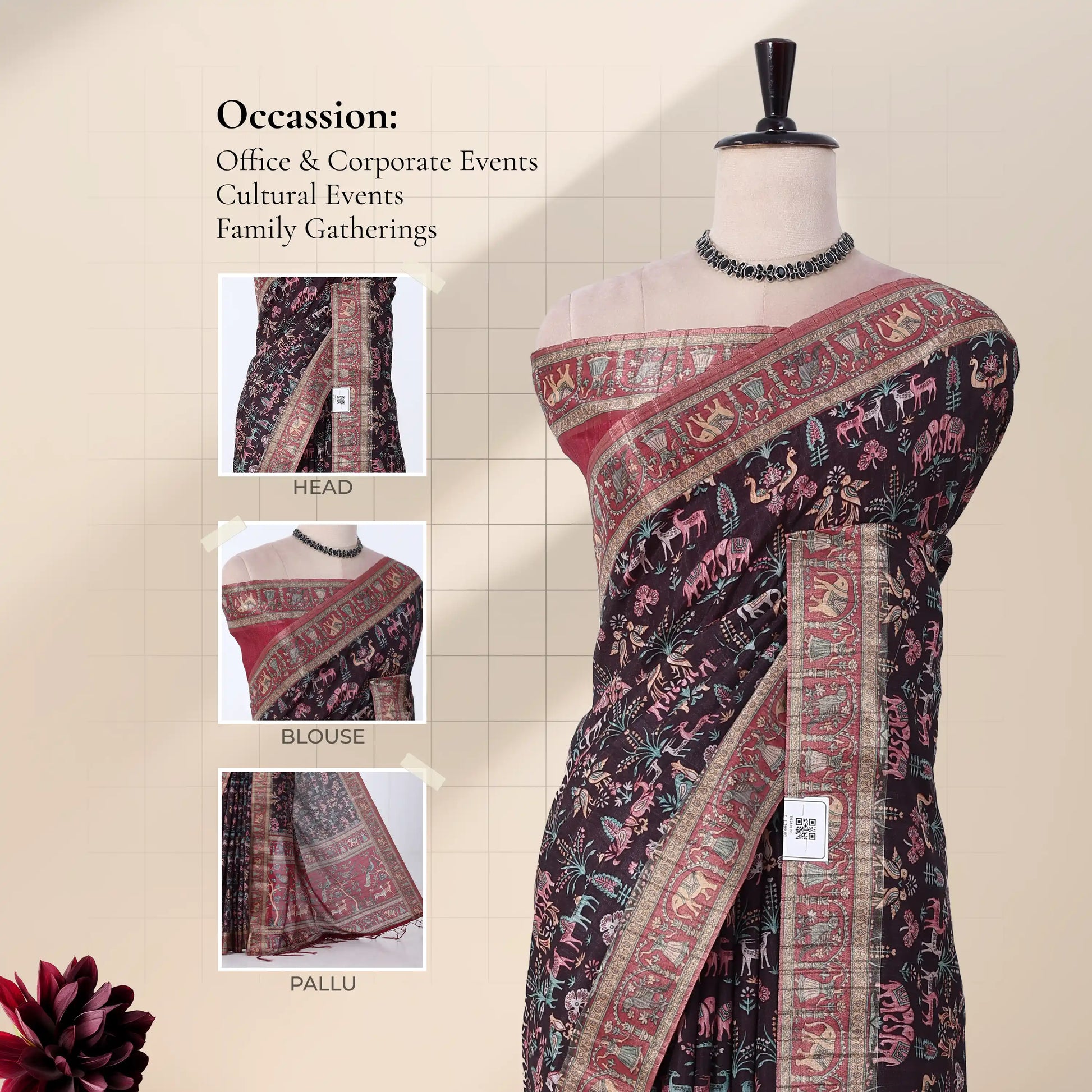 A purple and peach printed saree with inset views of blouse, head drape, and pallu. 