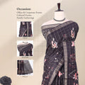 A dark gray and black plaid saree with pink floral prints with detail of blouse, head drape, and pallu. 