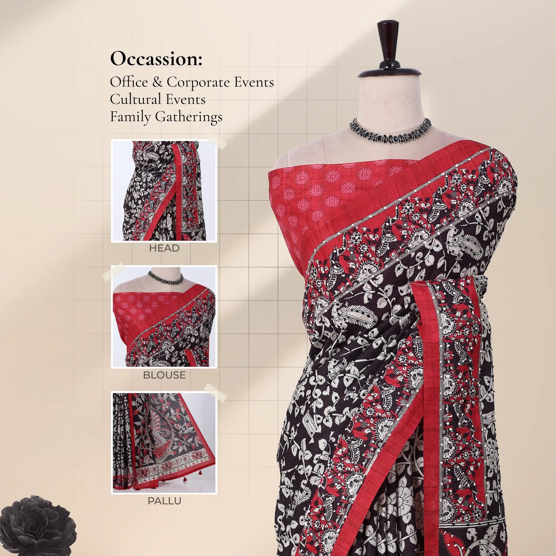 Black and red printed saree with detail of head, blouse, and pallu.