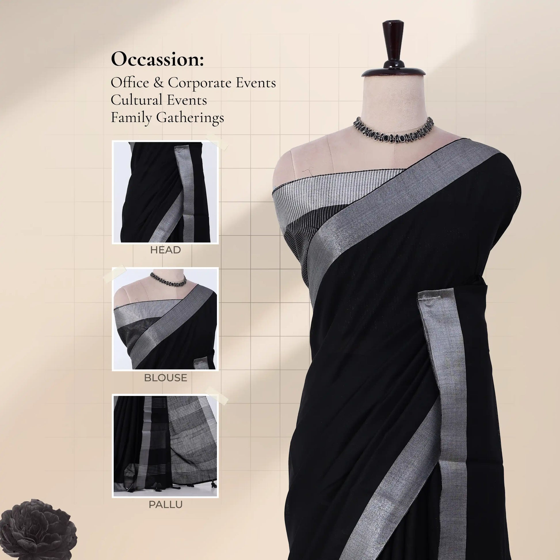 Black saree with a wide silver border detail views head, blouse, and pallu