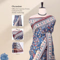 A printed blue tusser saree with inset views showing the head, blouse, and pallu.