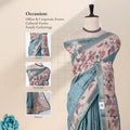 A light blue and beige floral printed saree with inset views showing the blouse, pallu