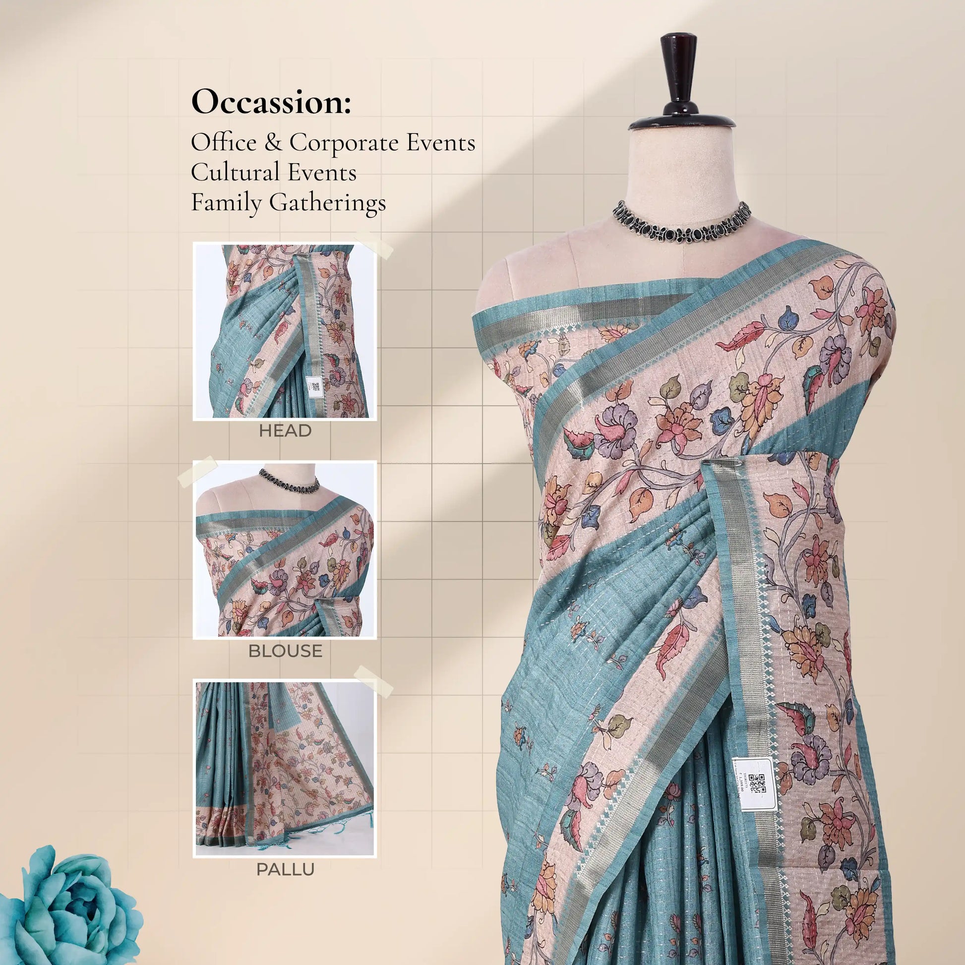 A light blue and beige floral printed saree with inset views showing the blouse, pallu